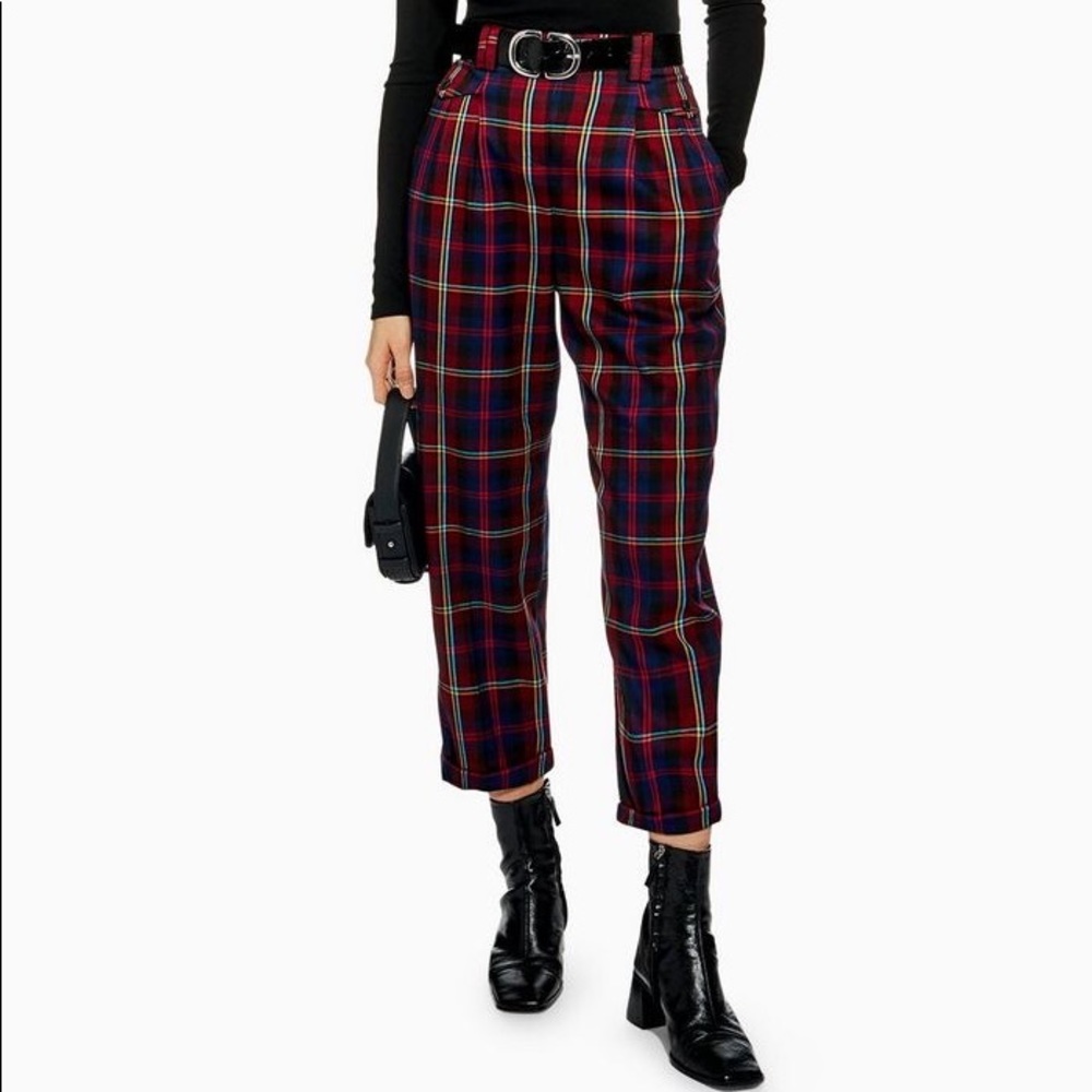 Topshop Burgundy Check Peg Trousers